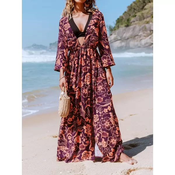 imageCUPSHE Women Floral V Neck Split Cover Up Plunge 34 Sleeve Elastic Waist Classical Maxi DressRed