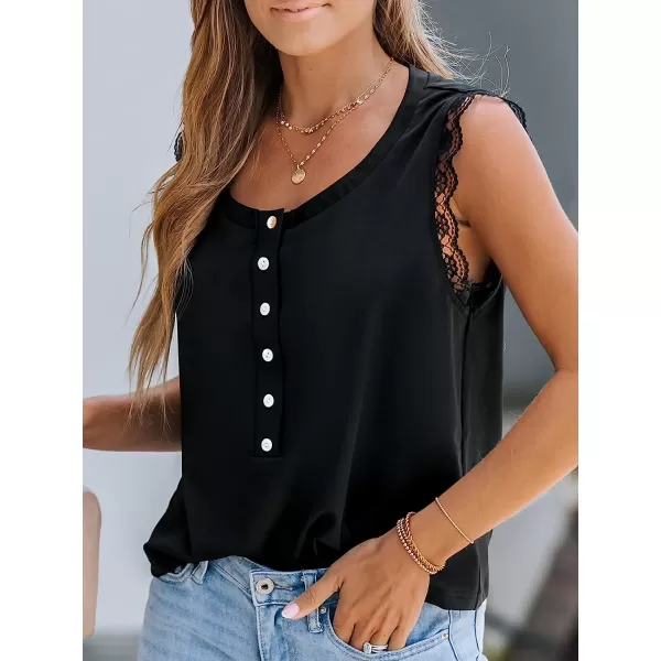 imageCUPSHE Women Forest Green Scalloped Lace Top Sleeveless Tank Top ButtonFront Tee CasualBlack