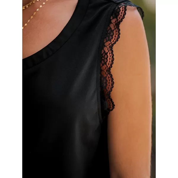 imageCUPSHE Women Forest Green Scalloped Lace Top Sleeveless Tank Top ButtonFront Tee CasualBlack