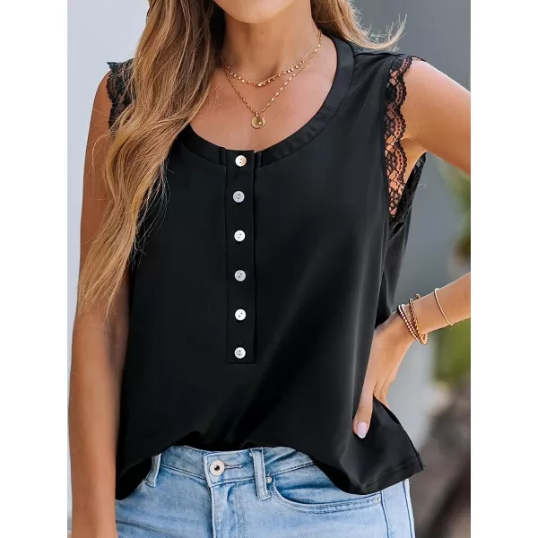 imageCUPSHE Women Forest Green Scalloped Lace Top Sleeveless Tank Top ButtonFront Tee CasualBlack