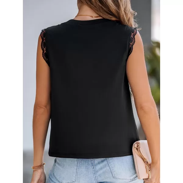 imageCUPSHE Women Forest Green Scalloped Lace Top Sleeveless Tank Top ButtonFront Tee CasualBlack