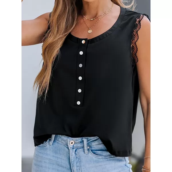 imageCUPSHE Women Forest Green Scalloped Lace Top Sleeveless Tank Top ButtonFront Tee CasualBlack