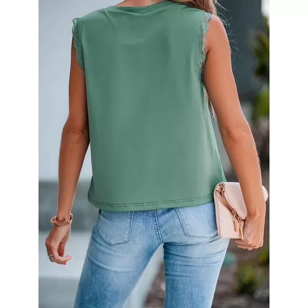 imageCUPSHE Women Forest Green Scalloped Lace Top Sleeveless Tank Top ButtonFront Tee CasualGreen