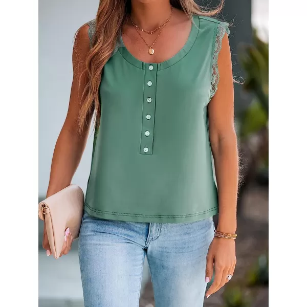 imageCUPSHE Women Forest Green Scalloped Lace Top Sleeveless Tank Top ButtonFront Tee CasualGreen