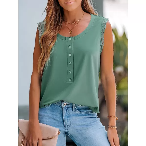 imageCUPSHE Women Forest Green Scalloped Lace Top Sleeveless Tank Top ButtonFront Tee CasualGreen