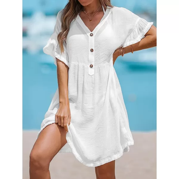 imageCUPSHE Women Fringe CoverUp Mini Dress V Neck Short Sleeves Cover Up SummerWhite