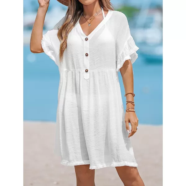 imageCUPSHE Women Fringe CoverUp Mini Dress V Neck Short Sleeves Cover Up SummerWhite