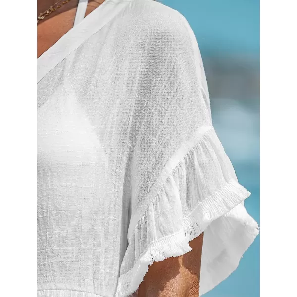 imageCUPSHE Women Fringe CoverUp Mini Dress V Neck Short Sleeves Cover Up SummerWhite