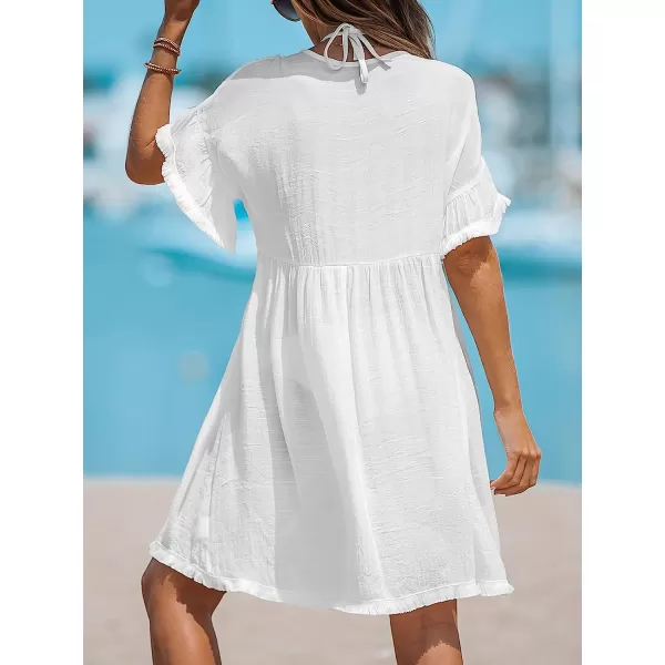 imageCUPSHE Women Fringe CoverUp Mini Dress V Neck Short Sleeves Cover Up SummerWhite