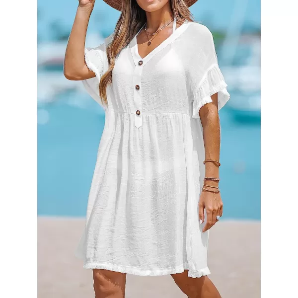 imageCUPSHE Women Fringe CoverUp Mini Dress V Neck Short Sleeves Cover Up SummerWhite