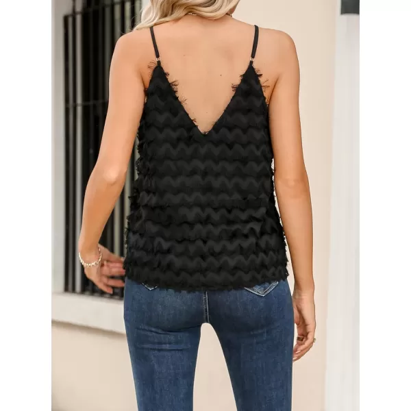 imageCUPSHE Women Fringe Cropped Cami Top Sexy V Neck Spaghetti Straps Shirt BlouseBlack