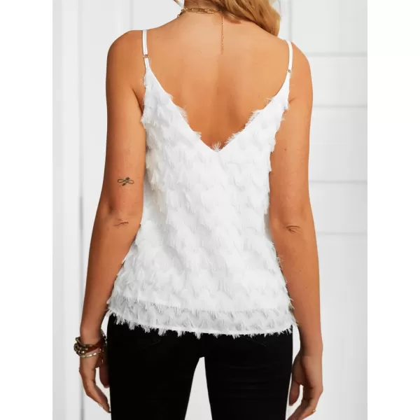 imageCUPSHE Women Fringe Cropped Cami Top Sexy V Neck Spaghetti Straps Shirt BlouseWhite