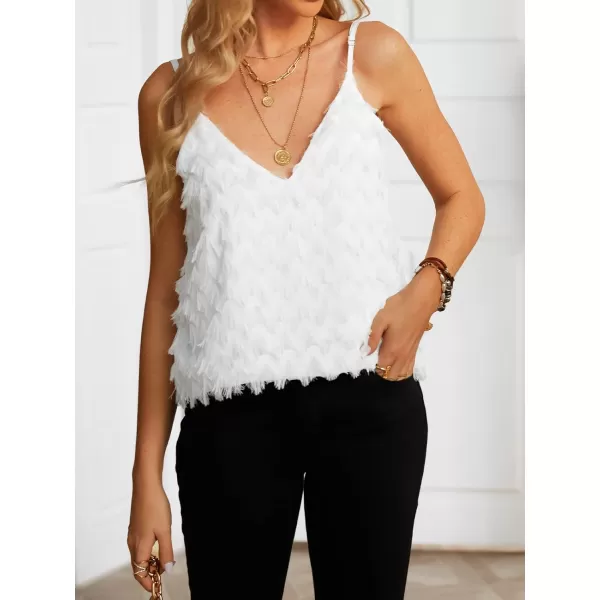 imageCUPSHE Women Fringe Cropped Cami Top Sexy V Neck Spaghetti Straps Shirt BlouseWhite