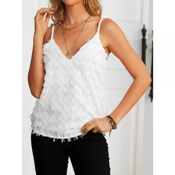 imageCUPSHE Women Fringe Cropped Cami Top Sexy V Neck Spaghetti Straps Shirt BlouseWhite