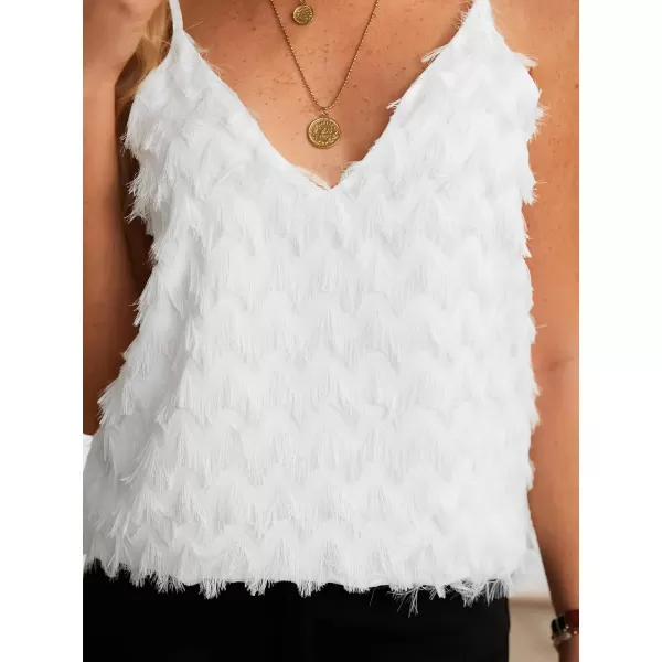 imageCUPSHE Women Fringe Cropped Cami Top Sexy V Neck Spaghetti Straps Shirt BlouseWhite