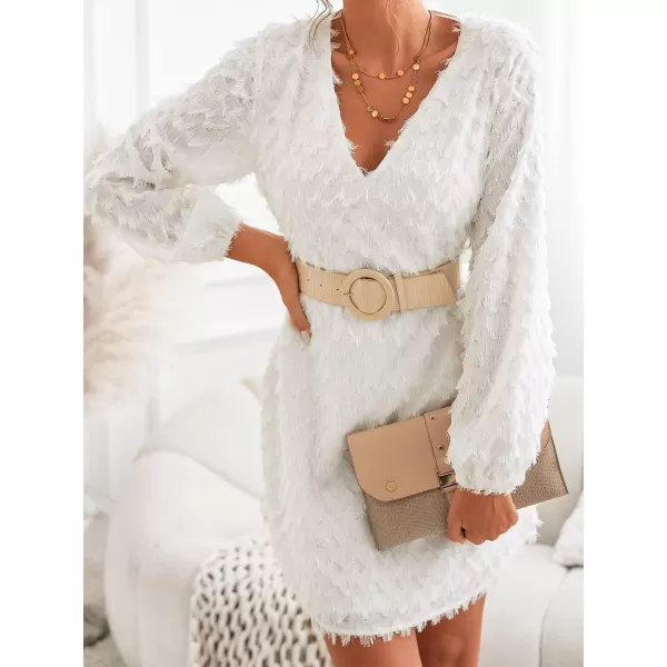 imageCUPSHE Women Fringe Long Sleeve Dress VNeck Loose Fit Party DressesWhite