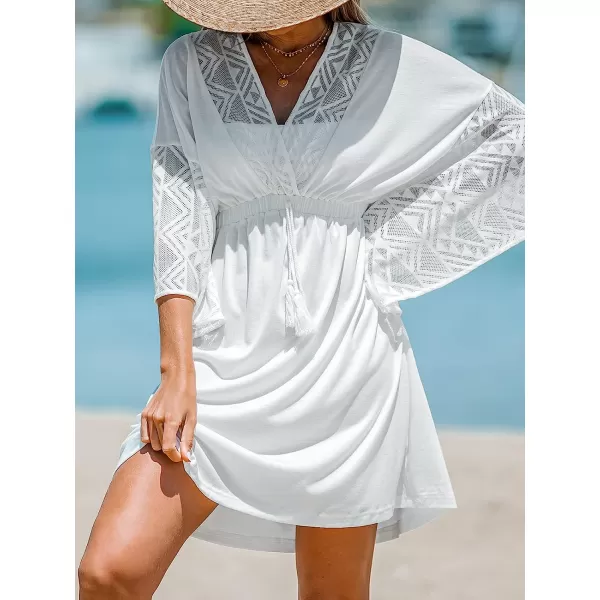 imageCUPSHE Women Fringe Mini CoverUp Dress Short Sleeves Lace Cover Ups Casual Beach SummerWhite
