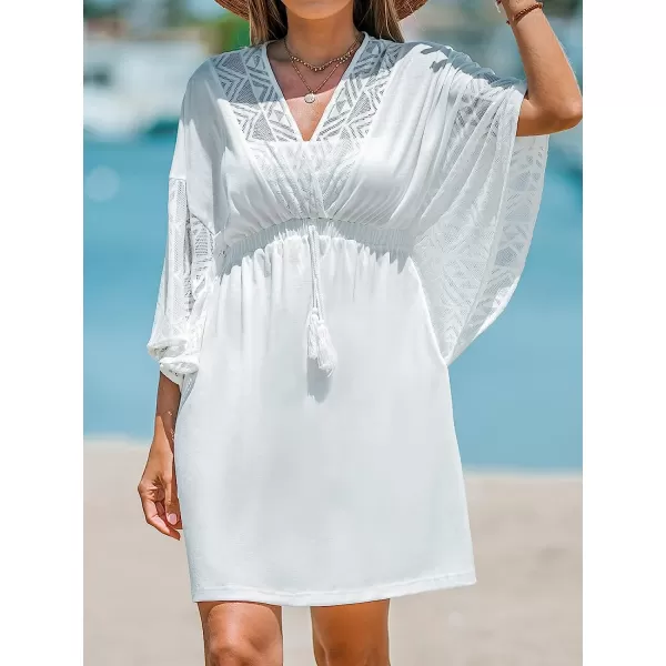 imageCUPSHE Women Fringe Mini CoverUp Dress Short Sleeves Lace Cover Ups Casual Beach SummerWhite