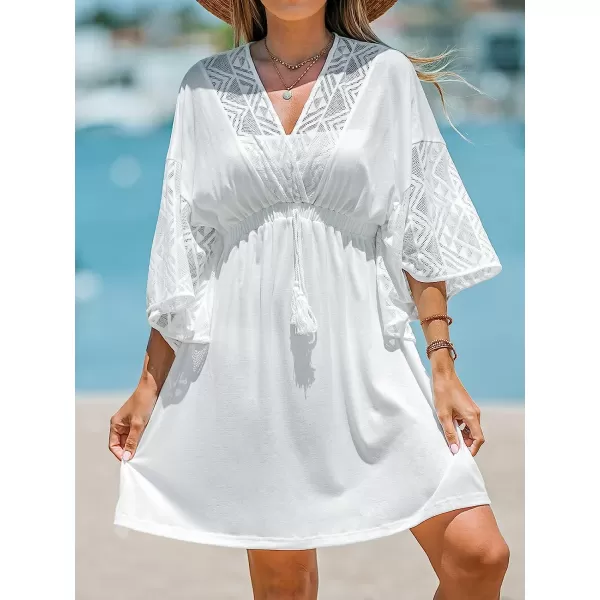imageCUPSHE Women Fringe Mini CoverUp Dress Short Sleeves Lace Cover Ups Casual Beach SummerWhite