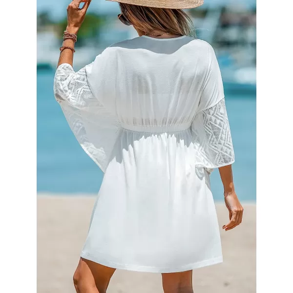 imageCUPSHE Women Fringe Mini CoverUp Dress Short Sleeves Lace Cover Ups Casual Beach SummerWhite