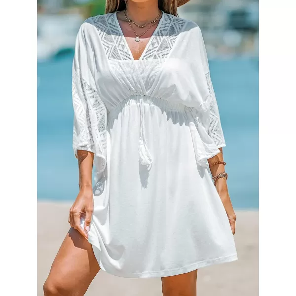 imageCUPSHE Women Fringe Mini CoverUp Dress Short Sleeves Lace Cover Ups Casual Beach SummerWhite
