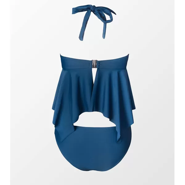 imageCUPSHE Women Halter Back Hood Tankini Set Ruffled Side Scoop Neck Bikini Swimsuit Low Rise Hipster Brief BottomBlue