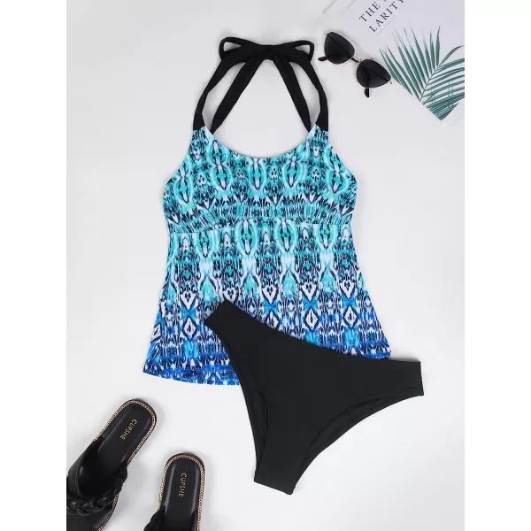 imageCUPSHE Women Halter Tankini Swimsuit Ethnic Print Self Tie Backless Modest Blue Tankini SuitMulticolor