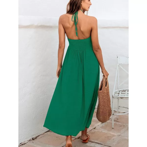 imageCUPSHE Women Halter VNeck Beach Long Dress Summer Relaxed Fit Ruching DressesGreen