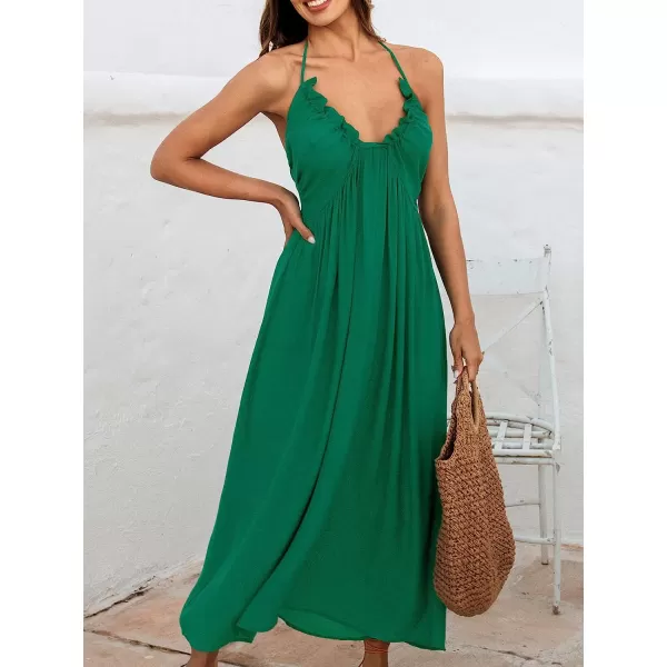 imageCUPSHE Women Halter VNeck Beach Long Dress Summer Relaxed Fit Ruching DressesGreen