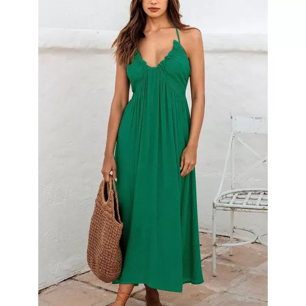 imageCUPSHE Women Halter VNeck Beach Long Dress Summer Relaxed Fit Ruching DressesGreen
