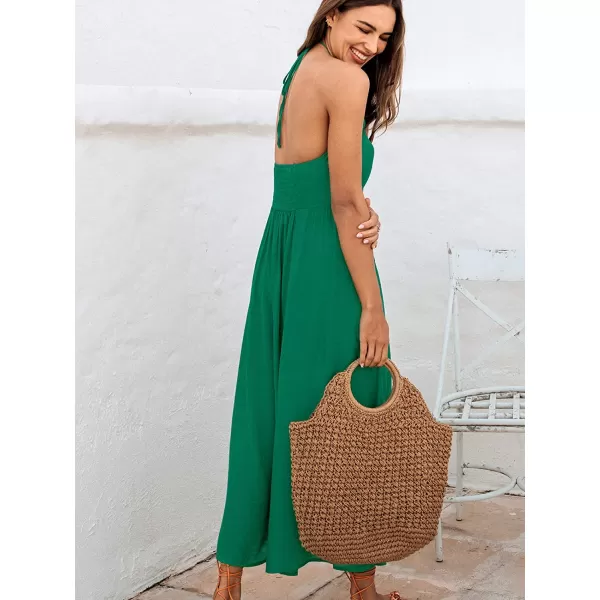 imageCUPSHE Women Halter VNeck Beach Long Dress Summer Relaxed Fit Ruching DressesGreen
