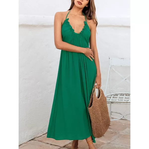 imageCUPSHE Women Halter VNeck Beach Long Dress Summer Relaxed Fit Ruching DressesGreen