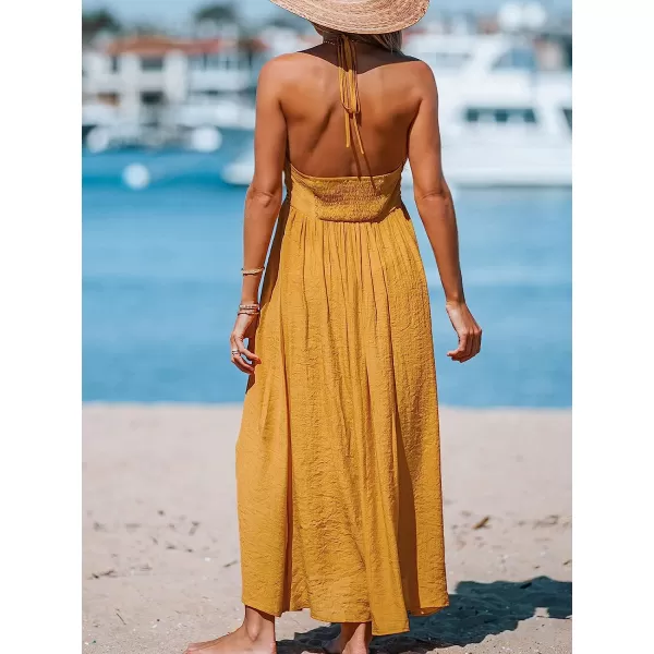 imageCUPSHE Women Halter VNeck Beach Long Dress Summer Relaxed Fit Ruching DressesYellow