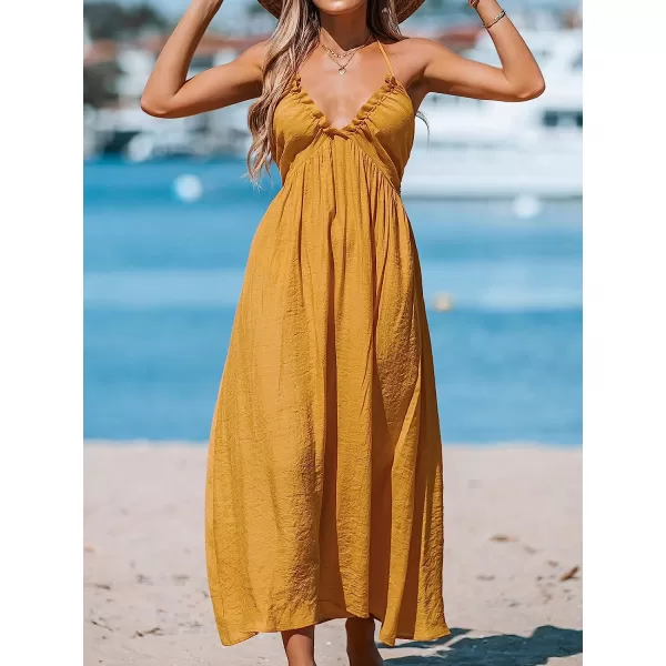 imageCUPSHE Women Halter VNeck Beach Long Dress Summer Relaxed Fit Ruching DressesYellow