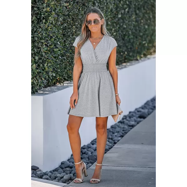 imageCUPSHE Women Heathered Knit Smocked Dress Relaxed Fit Cap Sleeve Aline Mini DressesGrey