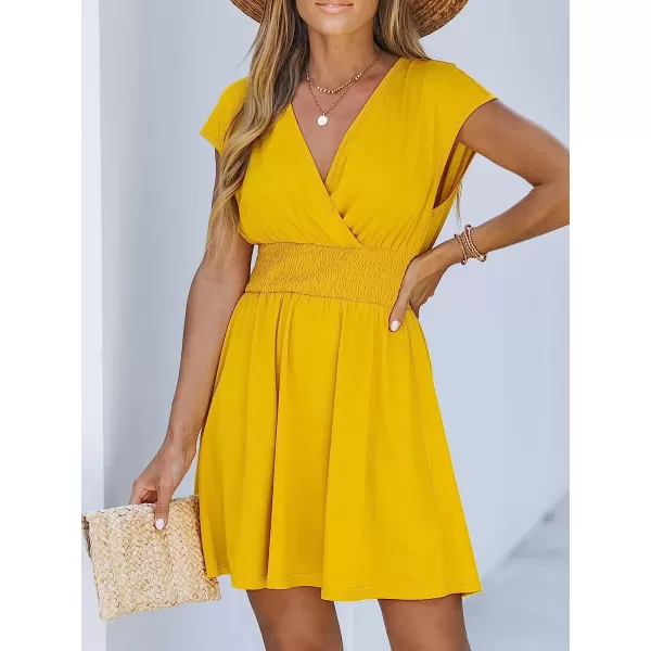 imageCUPSHE Women Heathered Knit Smocked Dress Relaxed Fit Cap Sleeve Aline Mini DressesYellow