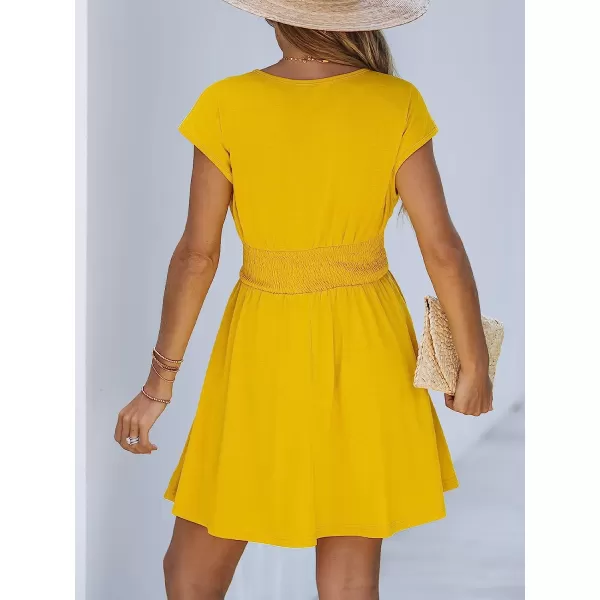 imageCUPSHE Women Heathered Knit Smocked Dress Relaxed Fit Cap Sleeve Aline Mini DressesYellow
