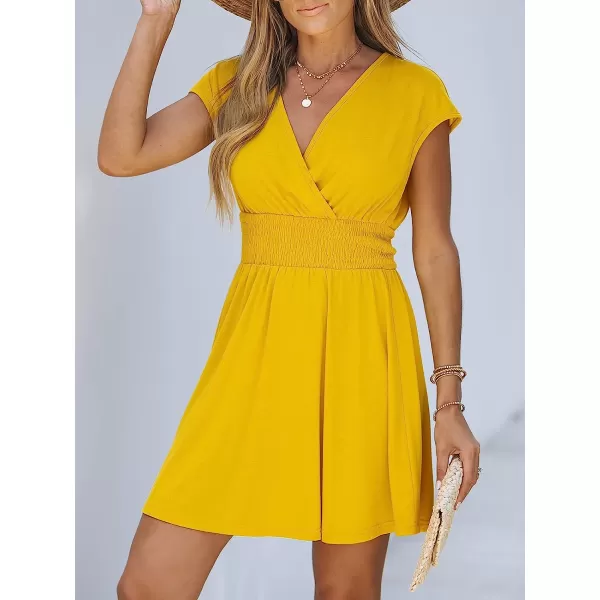 imageCUPSHE Women Heathered Knit Smocked Dress Relaxed Fit Cap Sleeve Aline Mini DressesYellow