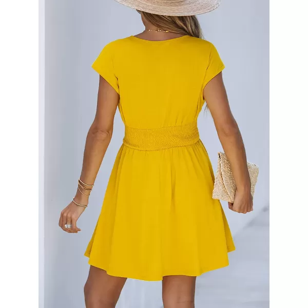 imageCUPSHE Women Heathered Knit Smocked Dress Relaxed Fit Cap Sleeve Aline Mini DressesYellow