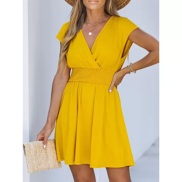 imageCUPSHE Women Heathered Knit Smocked Dress Relaxed Fit Cap Sleeve Aline Mini DressesYellow