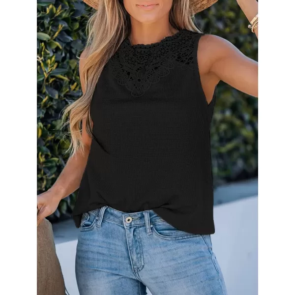 imageCUPSHE Women High Neck Lace Tank Tops Summer Casual Sleeveless Rib TopBlack