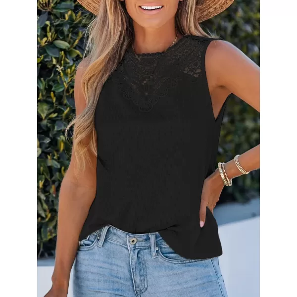 imageCUPSHE Women High Neck Lace Tank Tops Summer Casual Sleeveless Rib TopBlack