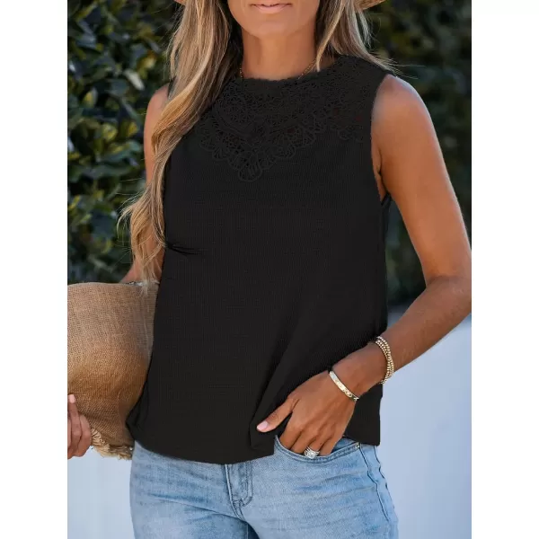 imageCUPSHE Women High Neck Lace Tank Tops Summer Casual Sleeveless Rib TopBlack