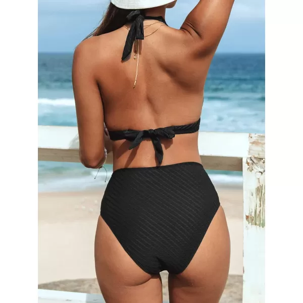 imageCUPSHE Women High Waist Bikinis Halter Triangle Bikini Swimsuits V Neck Hipster Sexy Backless Two Piece Bathing SuitBlack