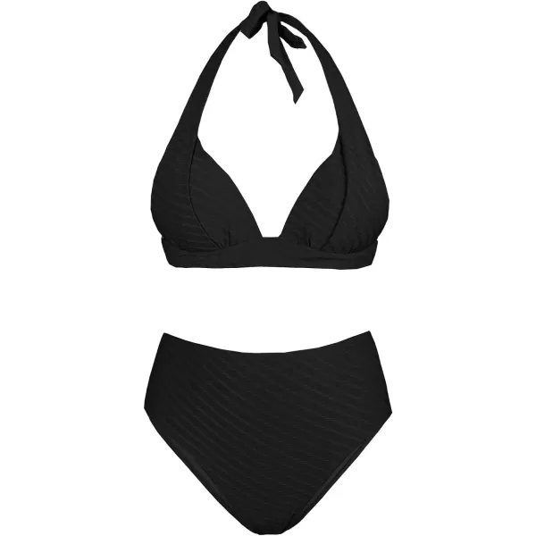 imageCUPSHE Women High Waist Bikinis Halter Triangle Bikini Swimsuits V Neck Hipster Sexy Backless Two Piece Bathing SuitBlack