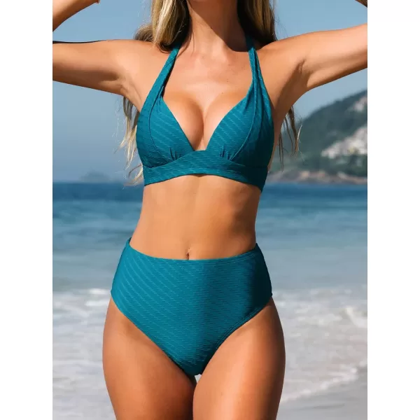 imageCUPSHE Women High Waist Bikinis Halter Triangle Bikini Swimsuits V Neck Hipster Sexy Backless Two Piece Bathing SuitGreen