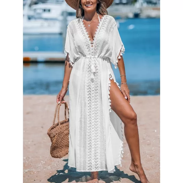 imageCUPSHE Women Kaftan Dresses Tassel Lace Swimsuit Beach Cover Ups Drawstring Caftan Split Maxi DressWhite