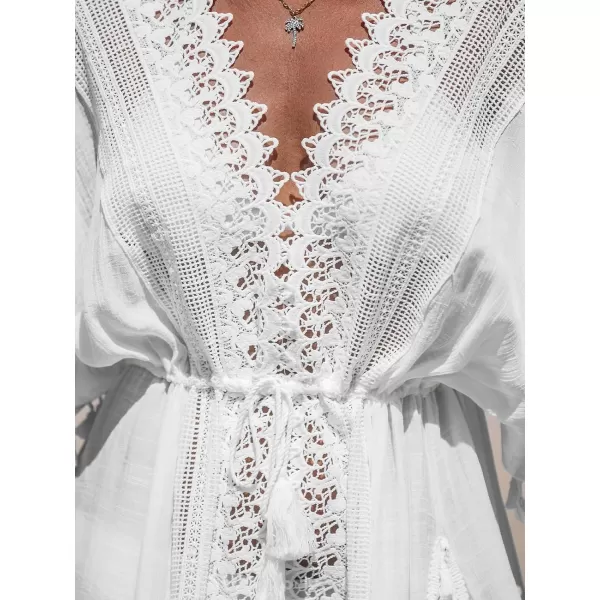 imageCUPSHE Women Kaftan Dresses Tassel Lace Swimsuit Beach Cover Ups Drawstring Caftan Split Maxi DressWhite