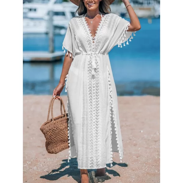 imageCUPSHE Women Kaftan Dresses Tassel Lace Swimsuit Beach Cover Ups Drawstring Caftan Split Maxi DressWhite