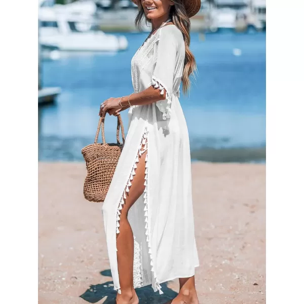 imageCUPSHE Women Kaftan Dresses Tassel Lace Swimsuit Beach Cover Ups Drawstring Caftan Split Maxi DressWhite